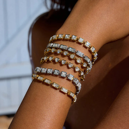 Ars Gold Plated Stainless Steel Chain Bracelets for Women Tennis Bracelet Dainty Geometric Zircon Bracelet Everyday Bracelets