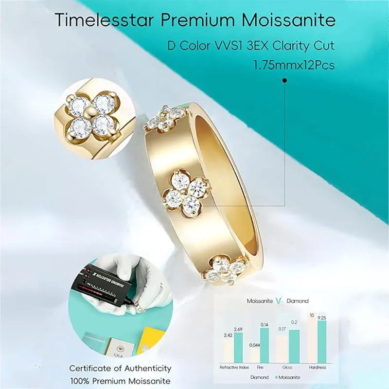 Certified Moissanite Four-leaf Clover Wide Rings 925 Sterling Silver