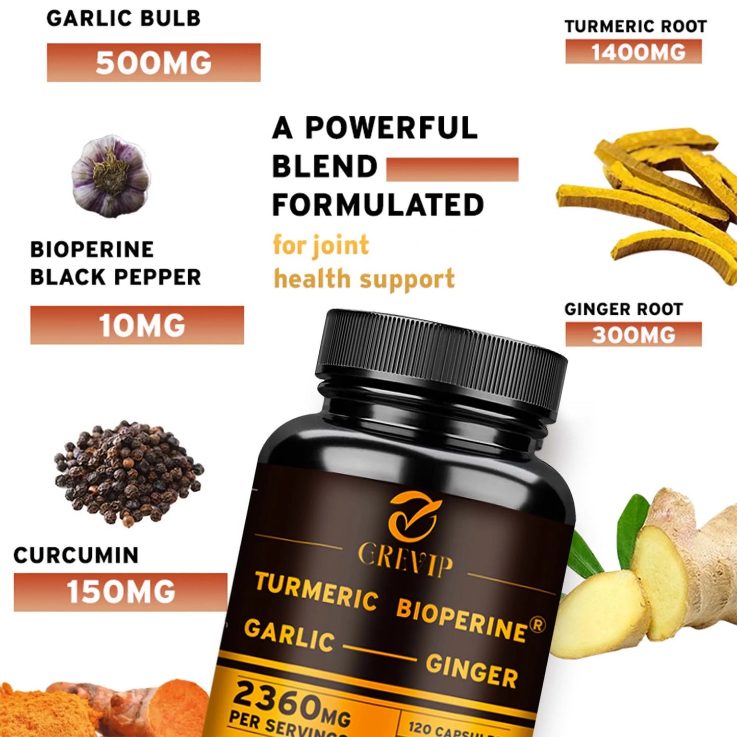 4-in-1 Turmeric Ginger Supplement - Garlic, Turmeric Root, Black Pepper - Joints, Immune Support, Digestion - 120 Capsules