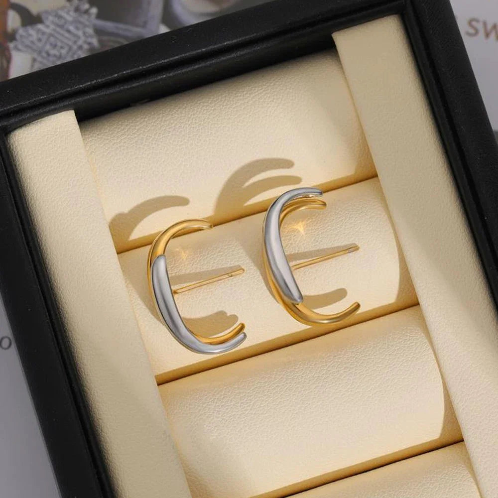 Women's Gold & Silver Double Color Small Stud Earrings Stainless Steel Waterproof Earclip Charm Unique Jewelry Accessory Gift