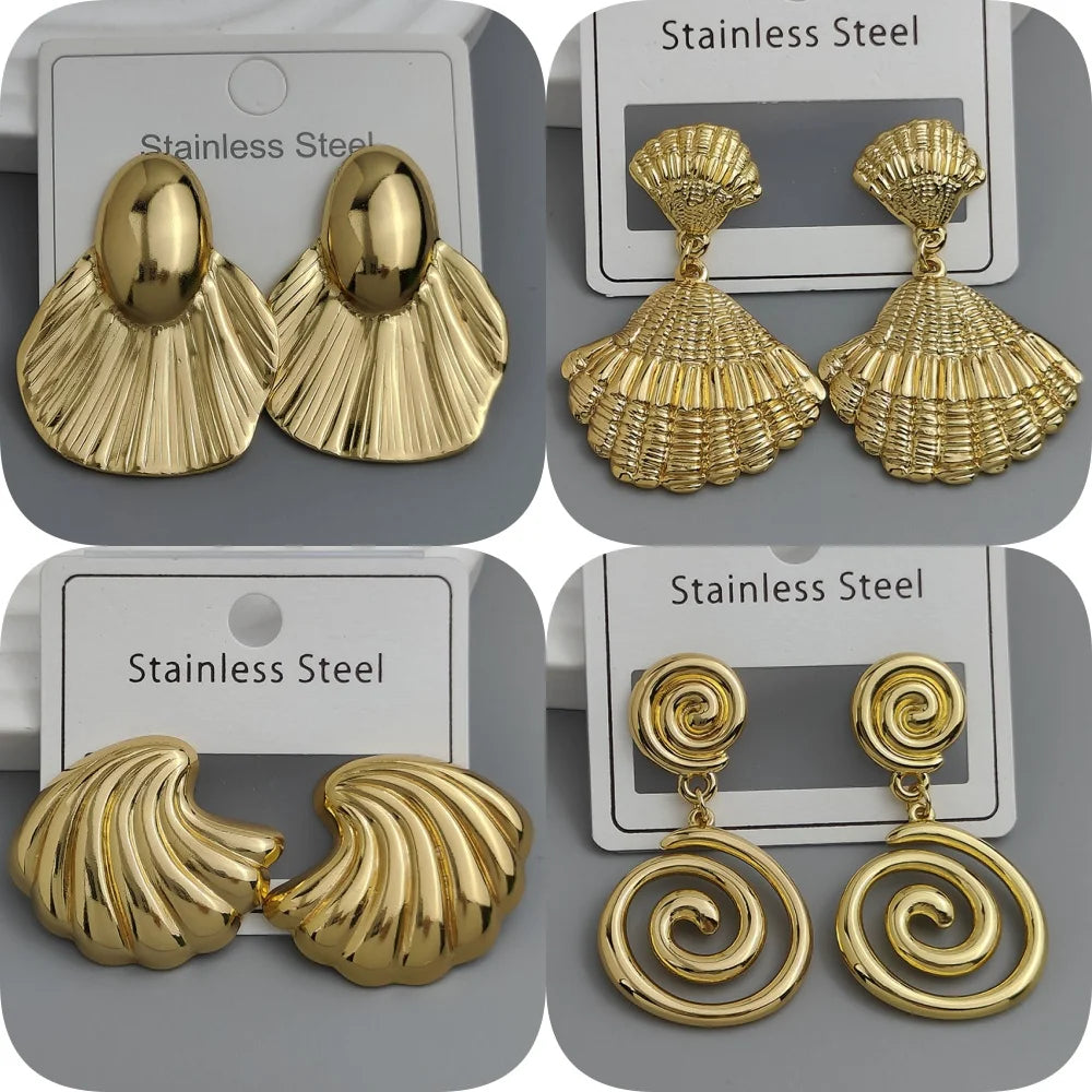 Charming heavy metal fan-shaped gold-plated 18K women's earrings, waterproof and non-fading stainless steel, wedding party gift