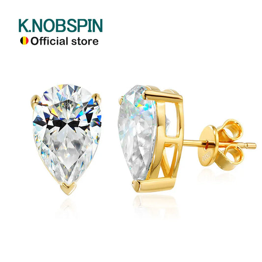 KNOBSPIN D VVS1 Pear Moissanite Earrings for Women GRA Certified Lab Grow Diamond Solid 925 Silver Plated 18k Gold Stud Earring