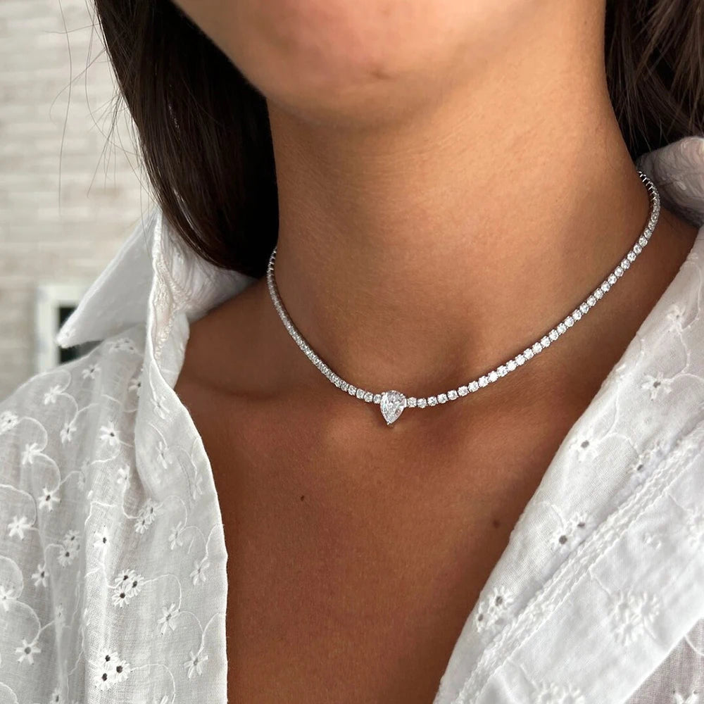 All Moissanite Tennis Waterdrop Diamond Riviera Necklace 925 Sterling Silver