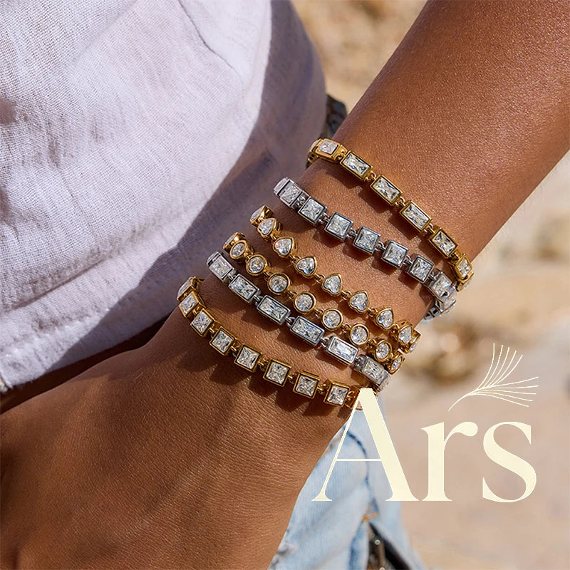 Ars Gold Plated Stainless Steel Chain Bracelets for Women Tennis Bracelet Dainty Geometric Zircon Bracelet Everyday Bracelets