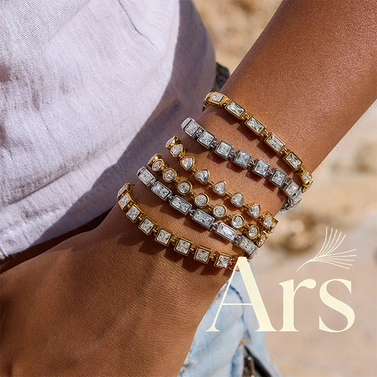 Ars Gold Plated Stainless Steel Chain Bracelets for Women Tennis Bracelet Dainty Geometric Zircon Bracelet Everyday Bracelets