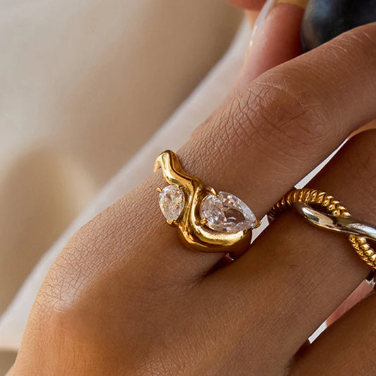 YHTOT Minimalist 18K Gold Color Plated Stainless Steel Zircon Ring Twistable Stackable Ring Women's Accessories Party Gift