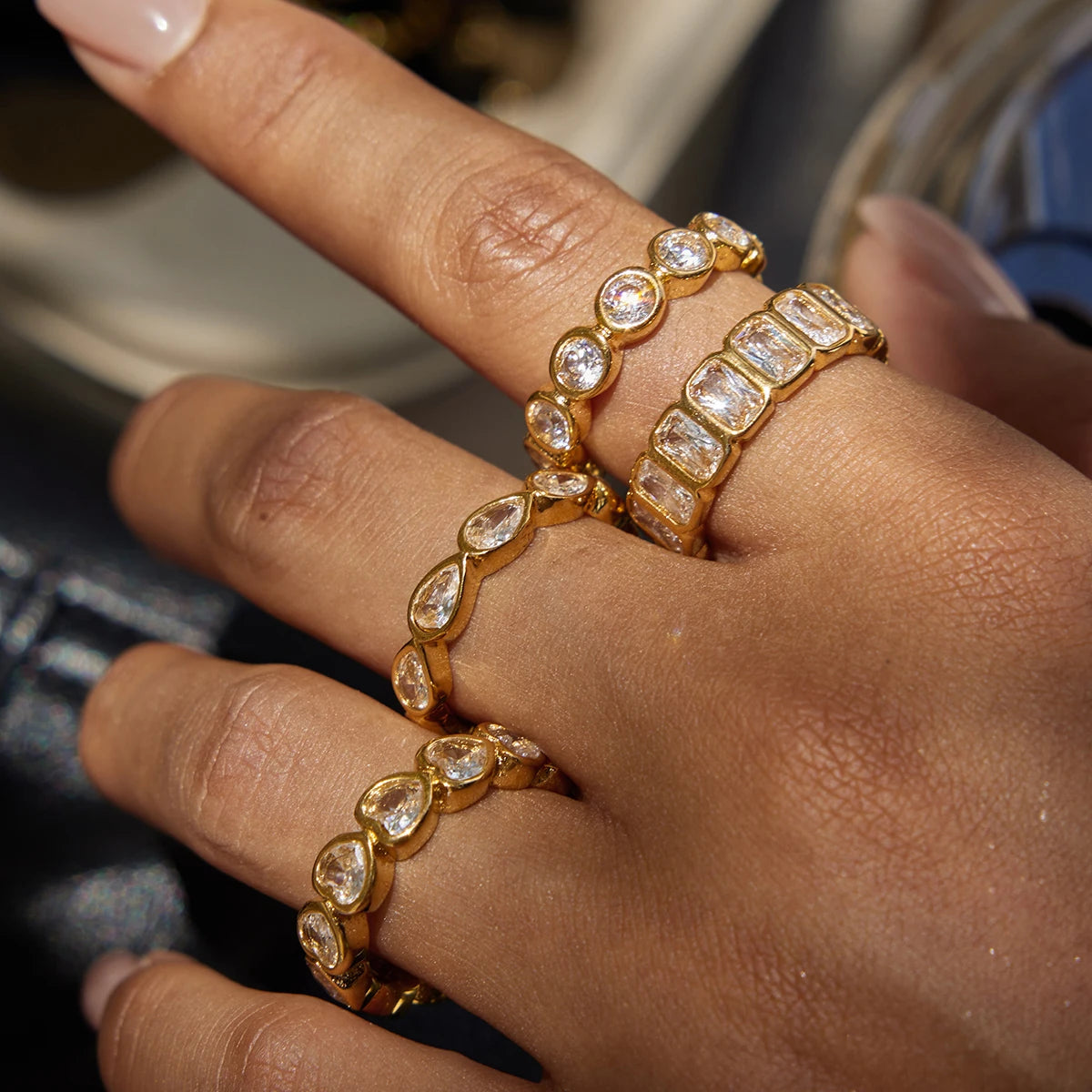 Uworld Minimalist 18K Gold Color Plated Stainless Steel Zircon Water Drop shaped Sparkling Ring Stackable Heart Shaped Full Zirc