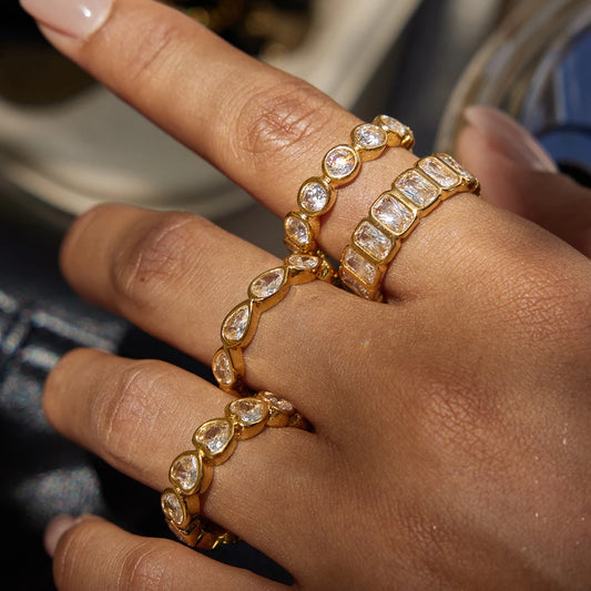 Uworld Minimalist 18K Gold Color Plated Stainless Steel Zircon Water Drop shaped Sparkling Ring Stackable Heart Shaped Full Zirc