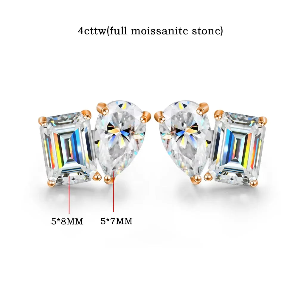 FEOBUR 4cttw Two Stone Moissanite Stud Earrings 925 Sterling Silver Pear&Emerald Cut Lab Diamond Ear Studs Women Wedding Jewelry