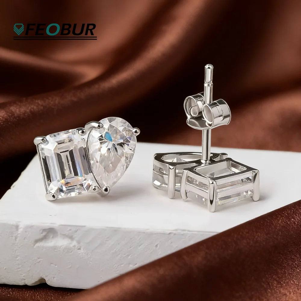FEOBUR 4cttw Two Stone Moissanite Stud Earrings 925 Sterling Silver Pear&Emerald Cut Lab Diamond Ear Studs Women Wedding Jewelry