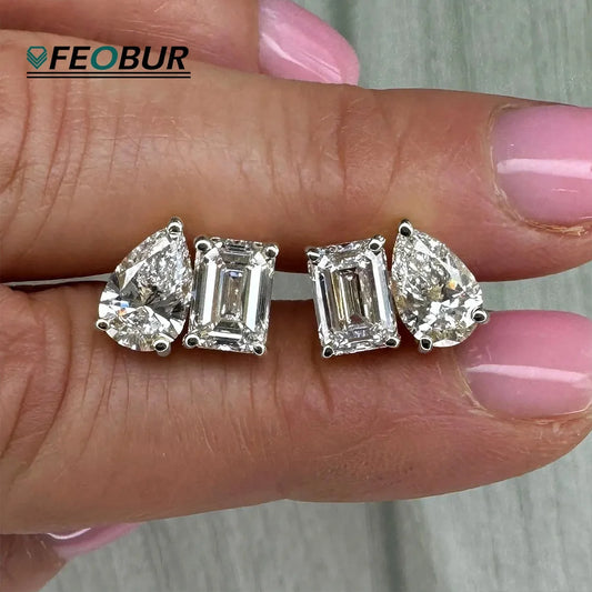 FEOBUR 4cttw Two Stone Moissanite Stud Earrings 925 Sterling Silver Pear&Emerald Cut Lab Diamond Ear Studs Women Wedding Jewelry