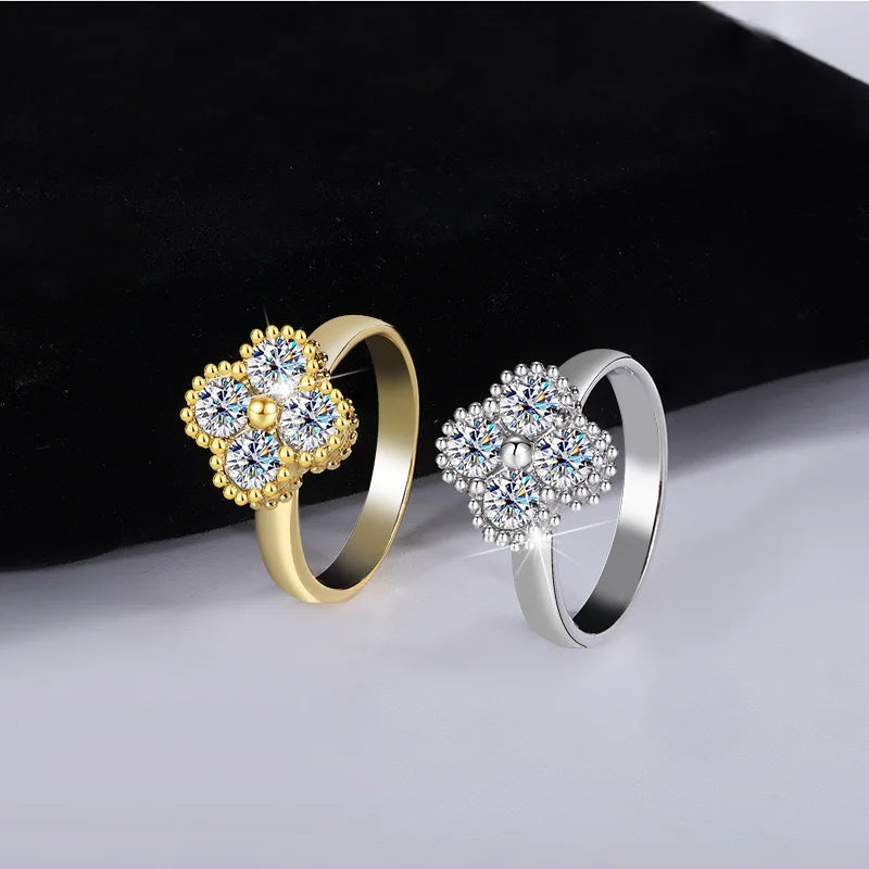 M-JAJA S925 Sterling Silver Moissanite Four-leaf Clover Ring for Women Wedding Band Couple Promise Engagement Ring Fine Jewelry