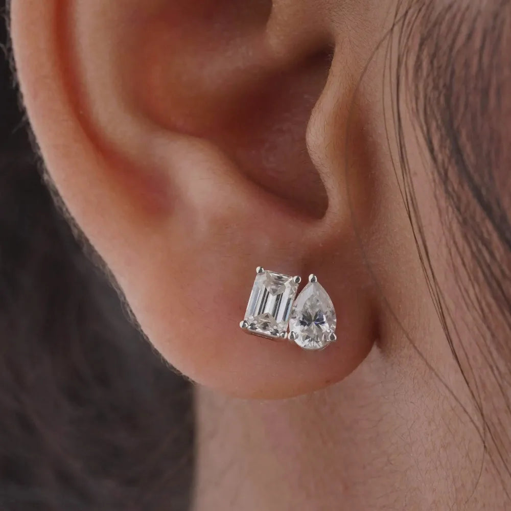 FEOBUR 4cttw Two Stone Moissanite Stud Earrings 925 Sterling Silver Pear&Emerald Cut Lab Diamond Ear Studs Women Wedding Jewelry
