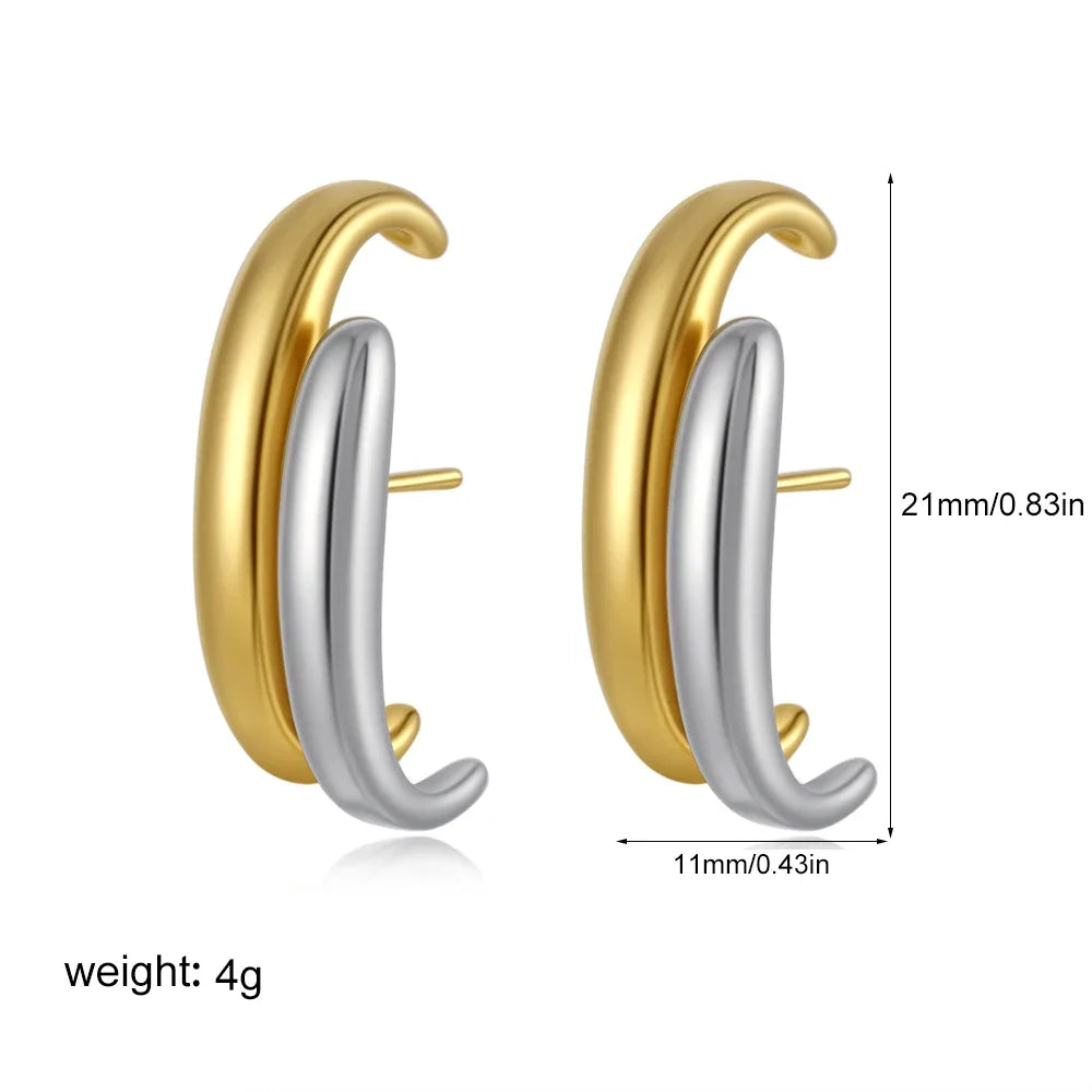 Women's Gold & Silver Double Color Small Stud Earrings Stainless Steel Waterproof Earclip Charm Unique Jewelry Accessory Gift