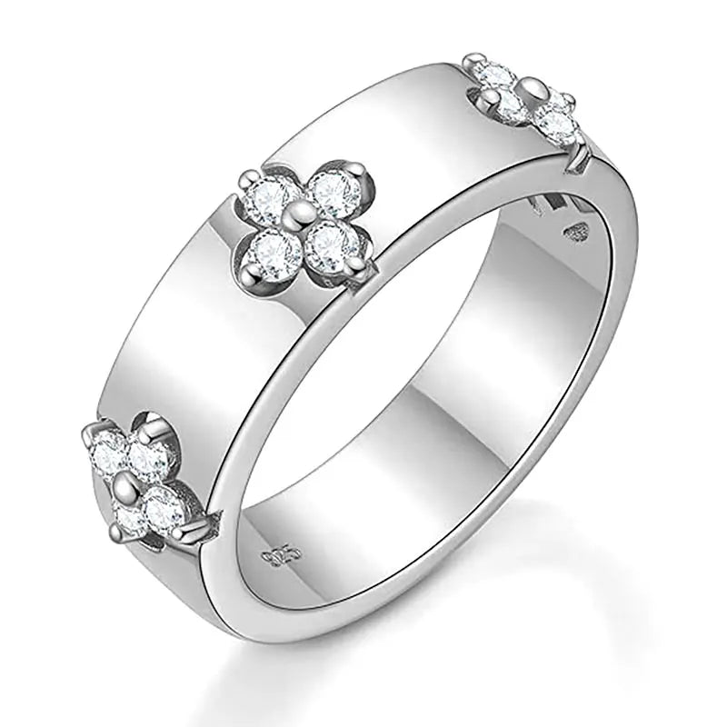 Certified Moissanite Four-leaf Clover Wide Rings 925 Sterling Silver