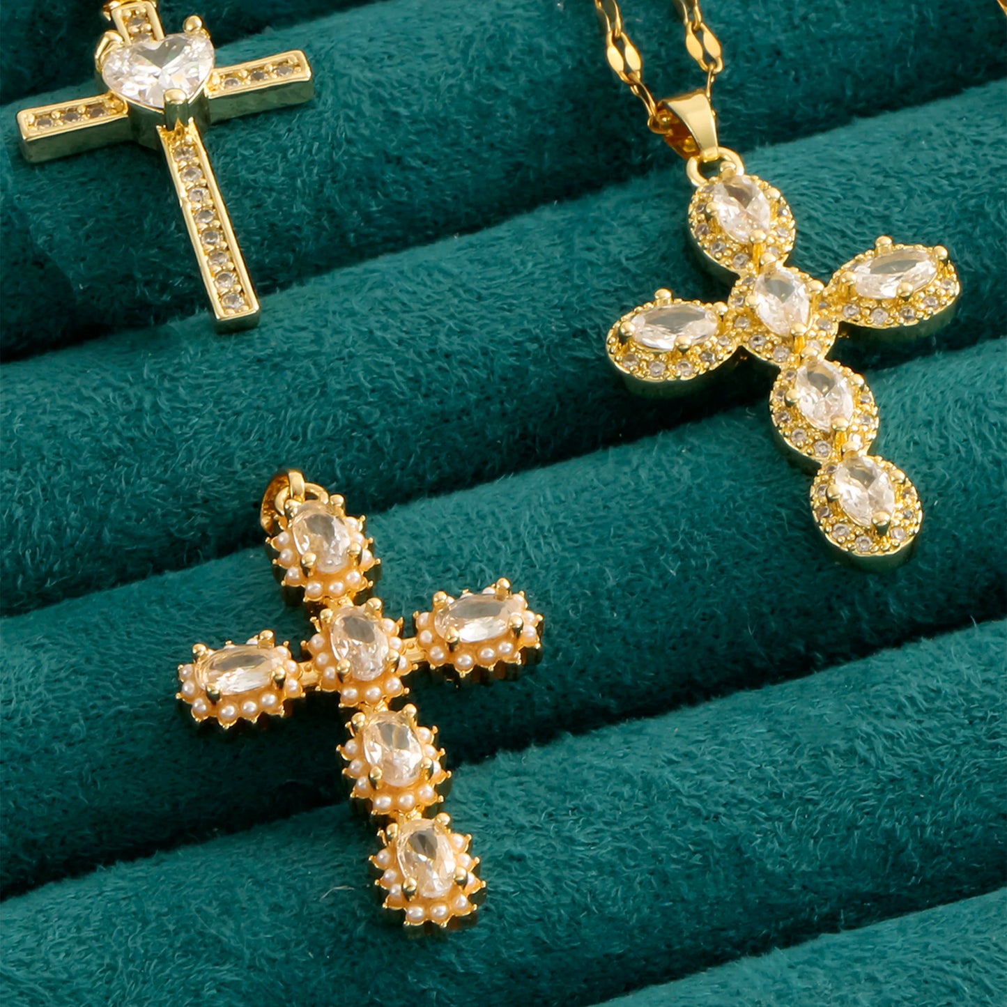 1 pearl shell inlaid zircon cross pendant for women's sexy style stainless steel plated 18k gold necklace