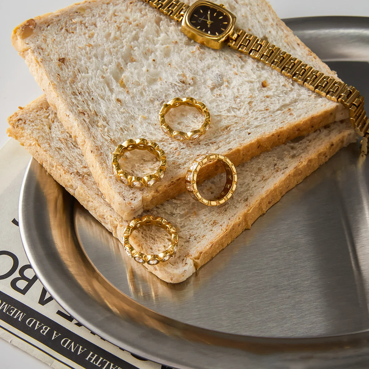 Uworld Minimalist 18K Gold Color Plated Stainless Steel Zircon Water Drop shaped Sparkling Ring Stackable Heart Shaped Full Zirc