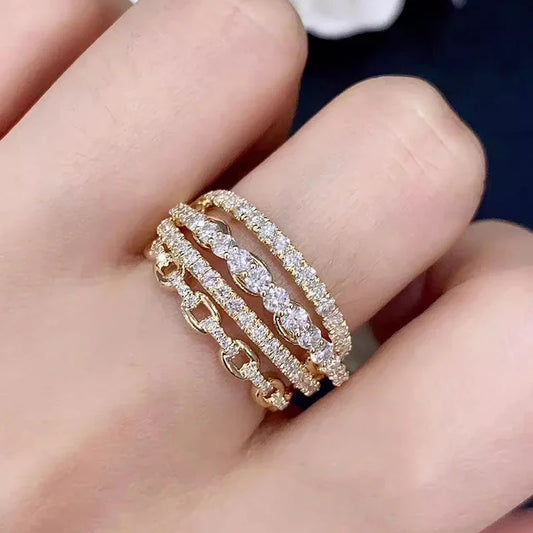 Multi-layers Design Lady Rings Gold Color Inlaid Shiny CZ