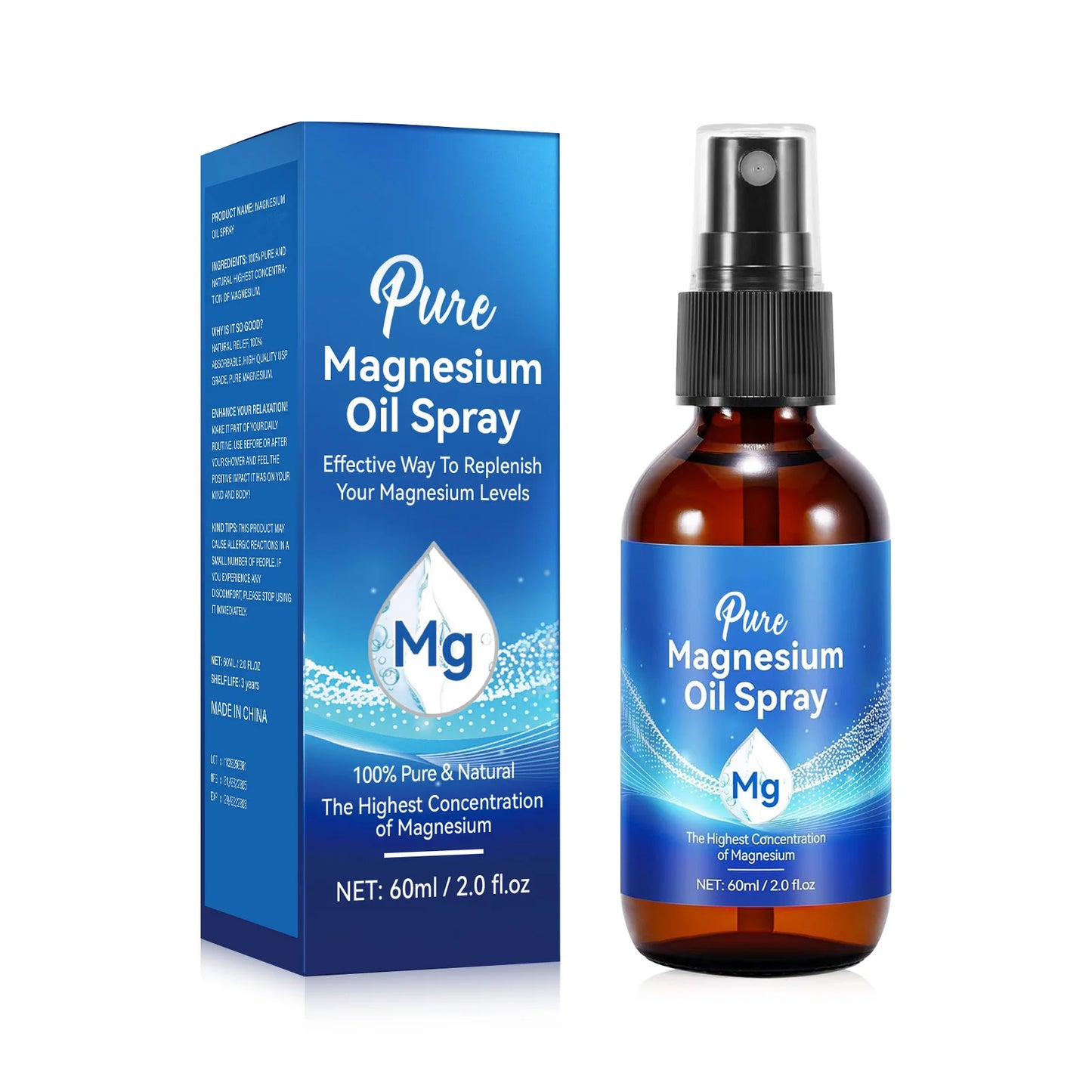 Natural Magnesium Oil 60ml - 10% highest mineral concentration for skin & body care. Quick-absorbing chloride formula spray.