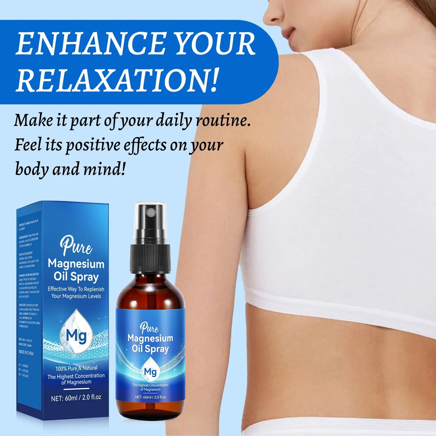 Natural Magnesium Oil 60ml - 10% highest mineral concentration for skin & body care. Quick-absorbing chloride formula spray.