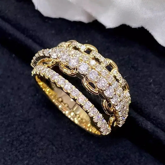 Multi-layers Design Lady Rings Gold Color Inlaid Shiny CZ