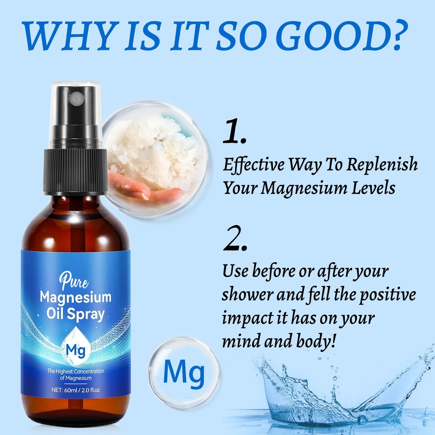 Natural Magnesium Oil 60ml - 10% highest mineral concentration for skin & body care. Quick-absorbing chloride formula spray.