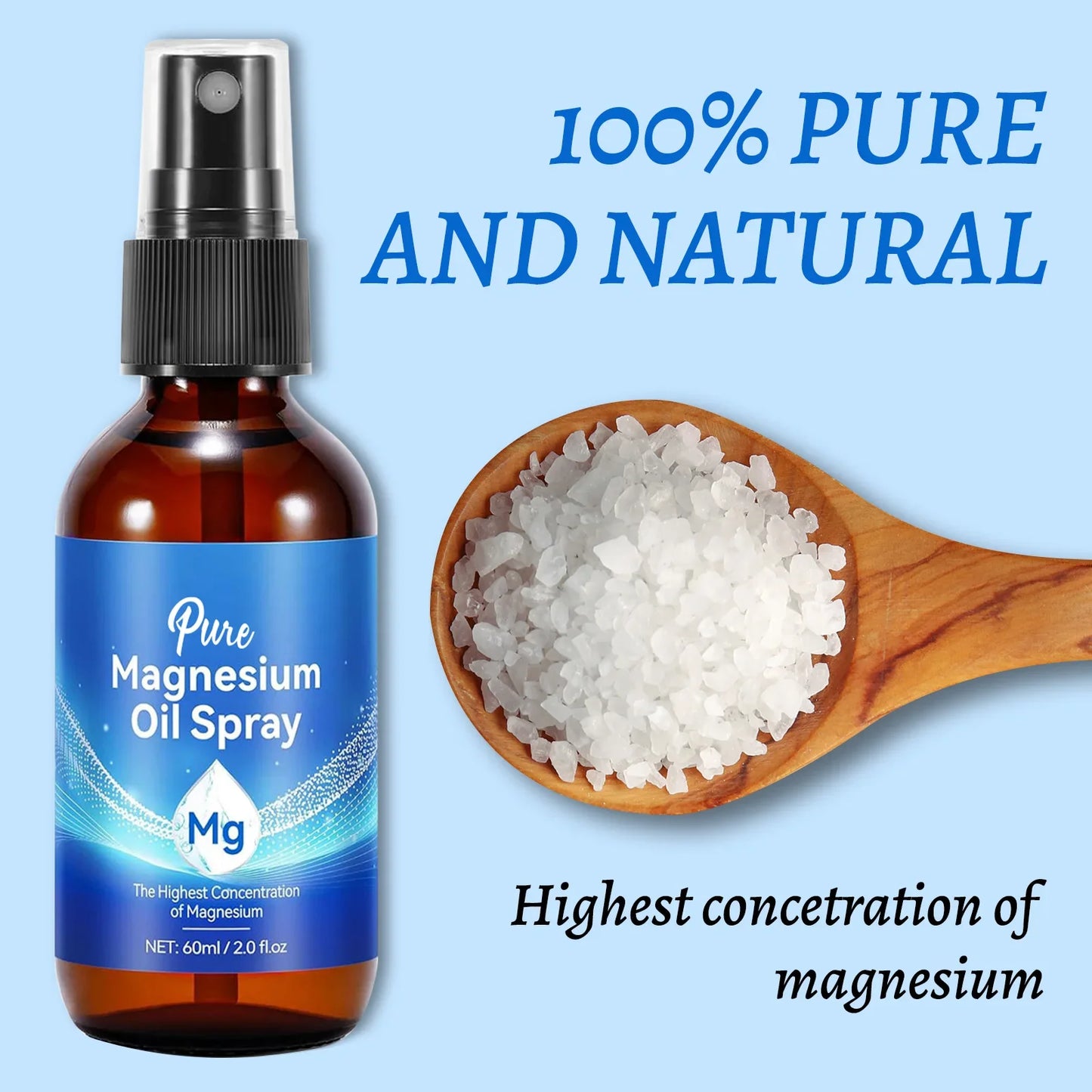 Natural Magnesium Oil 60ml - 10% highest mineral concentration for skin & body care. Quick-absorbing chloride formula spray.