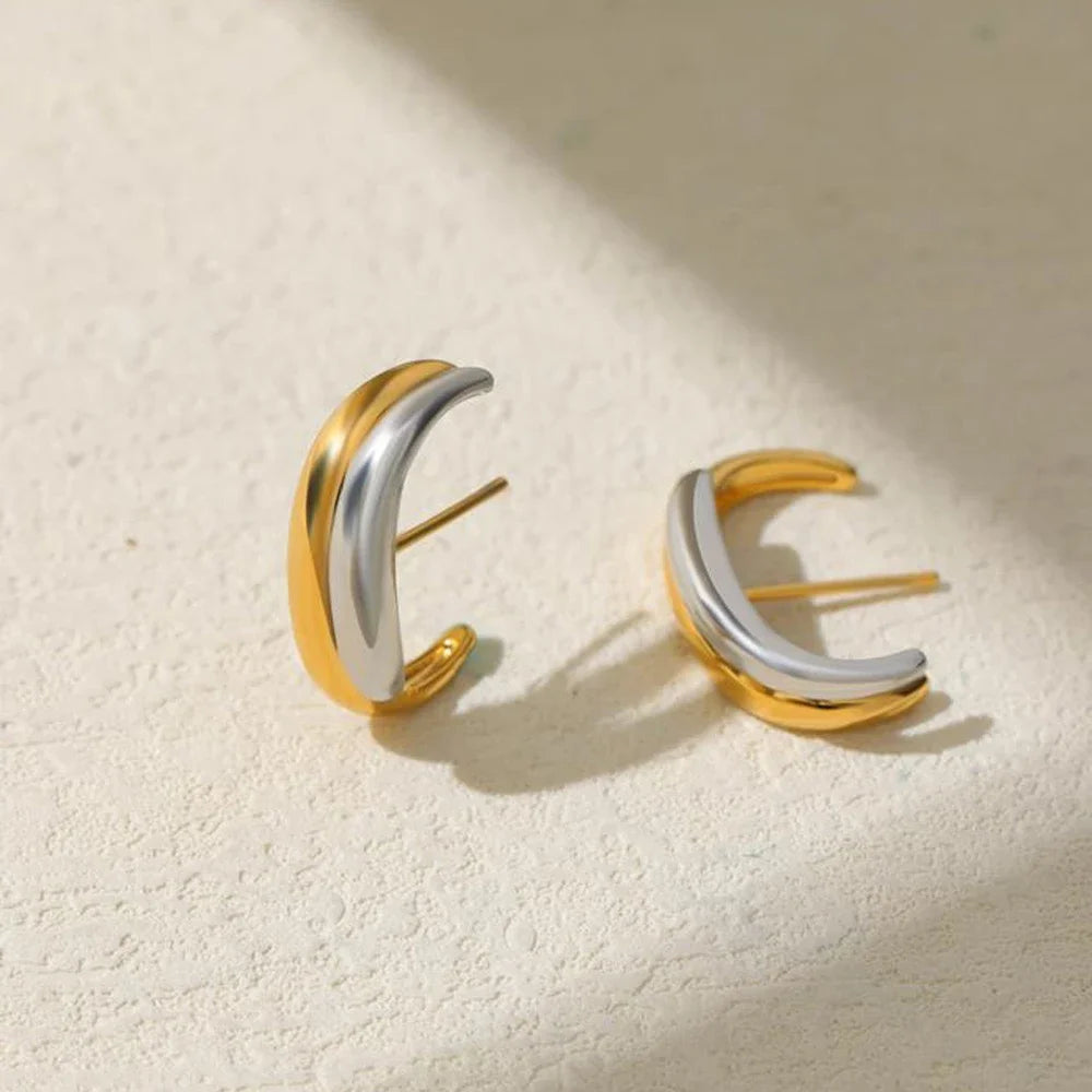 Women's Gold & Silver Double Color Small Stud Earrings Stainless Steel Waterproof Earclip Charm Unique Jewelry Accessory Gift