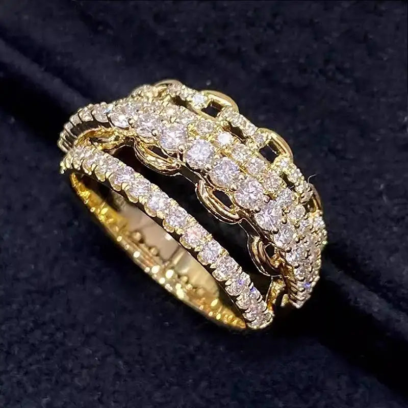 Huitan Multi-layers Design Women Ring Gold Color Inlaid Shiny Cubic Zirconia Luxury Party Engagement Accessories Trendy Jewelry