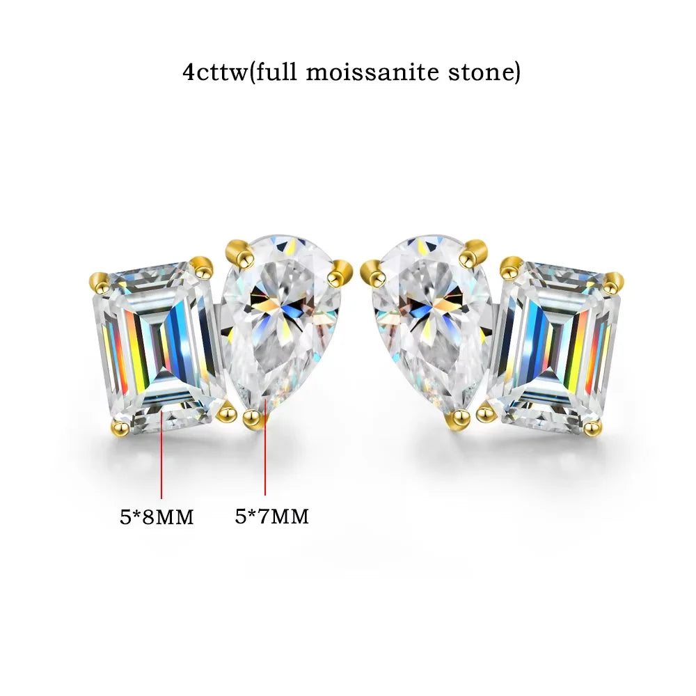 FEOBUR 4cttw Two Stone Moissanite Stud Earrings 925 Sterling Silver Pear&Emerald Cut Lab Diamond Ear Studs Women Wedding Jewelry