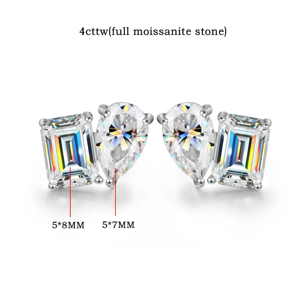 FEOBUR 4cttw Two Stone Moissanite Stud Earrings 925 Sterling Silver Pear&Emerald Cut Lab Diamond Ear Studs Women Wedding Jewelry