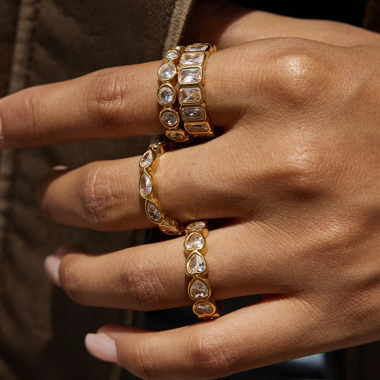 Uworld Minimalist 18K Gold Color Plated Stainless Steel Zircon Water Drop shaped Sparkling Ring Stackable Heart Shaped Full Zirc