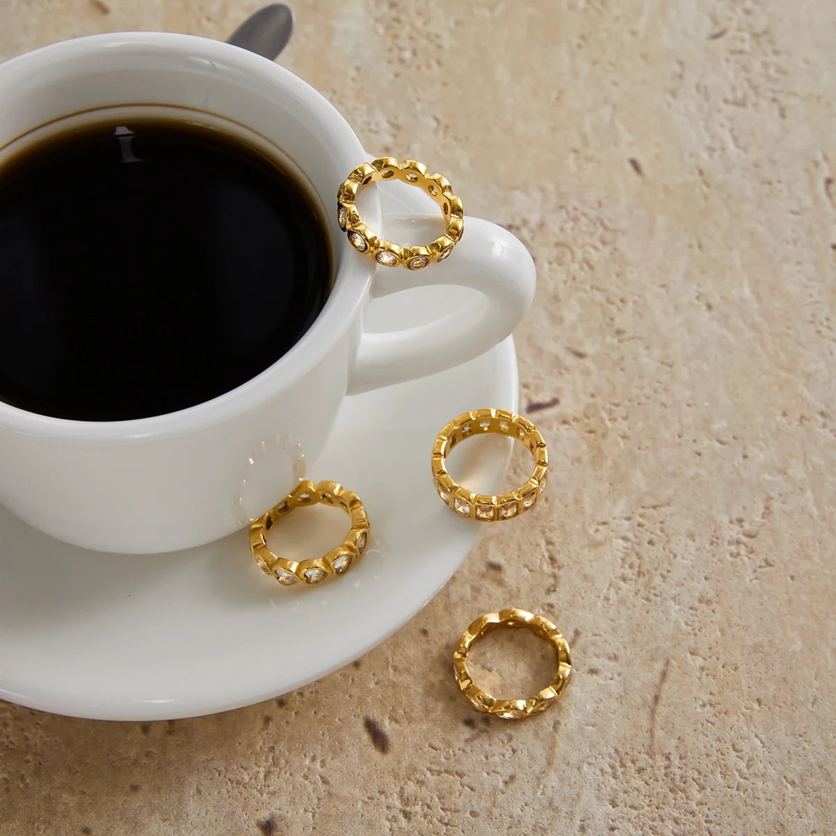 Uworld Minimalist 18K Gold Color Plated Stainless Steel Zircon Water Drop shaped Sparkling Ring Stackable Heart Shaped Full Zirc