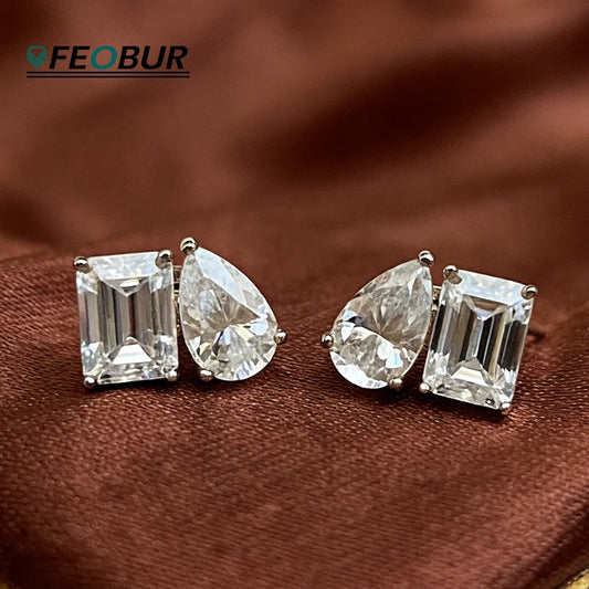 FEOBUR 4cttw Two Stone Moissanite Stud Earrings 925 Sterling Silver Pear&Emerald Cut Lab Diamond Ear Studs Women Wedding Jewelry