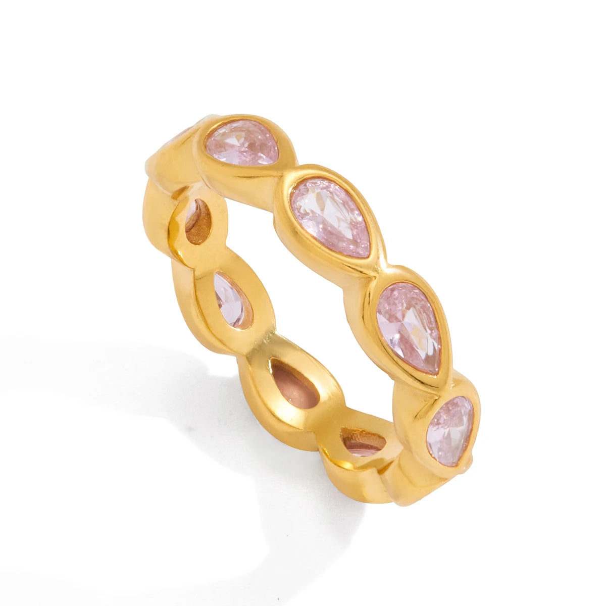 Uworld Minimalist 18K Gold Color Plated Stainless Steel Zircon Water Drop shaped Sparkling Ring Stackable Heart Shaped Full Zirc