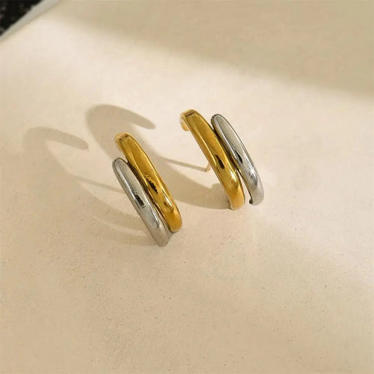 Women's Gold & Silver Double Color Small Stud Earrings Stainless Steel Waterproof Earclip Charm Unique Jewelry Accessory Gift
