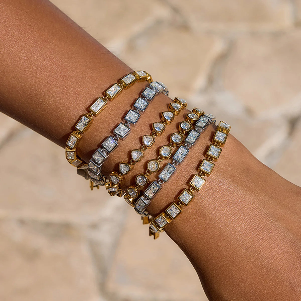 Ars Gold Plated Stainless Steel Chain Bracelets for Women Tennis Bracelet Dainty Geometric Zircon Bracelet Everyday Bracelets