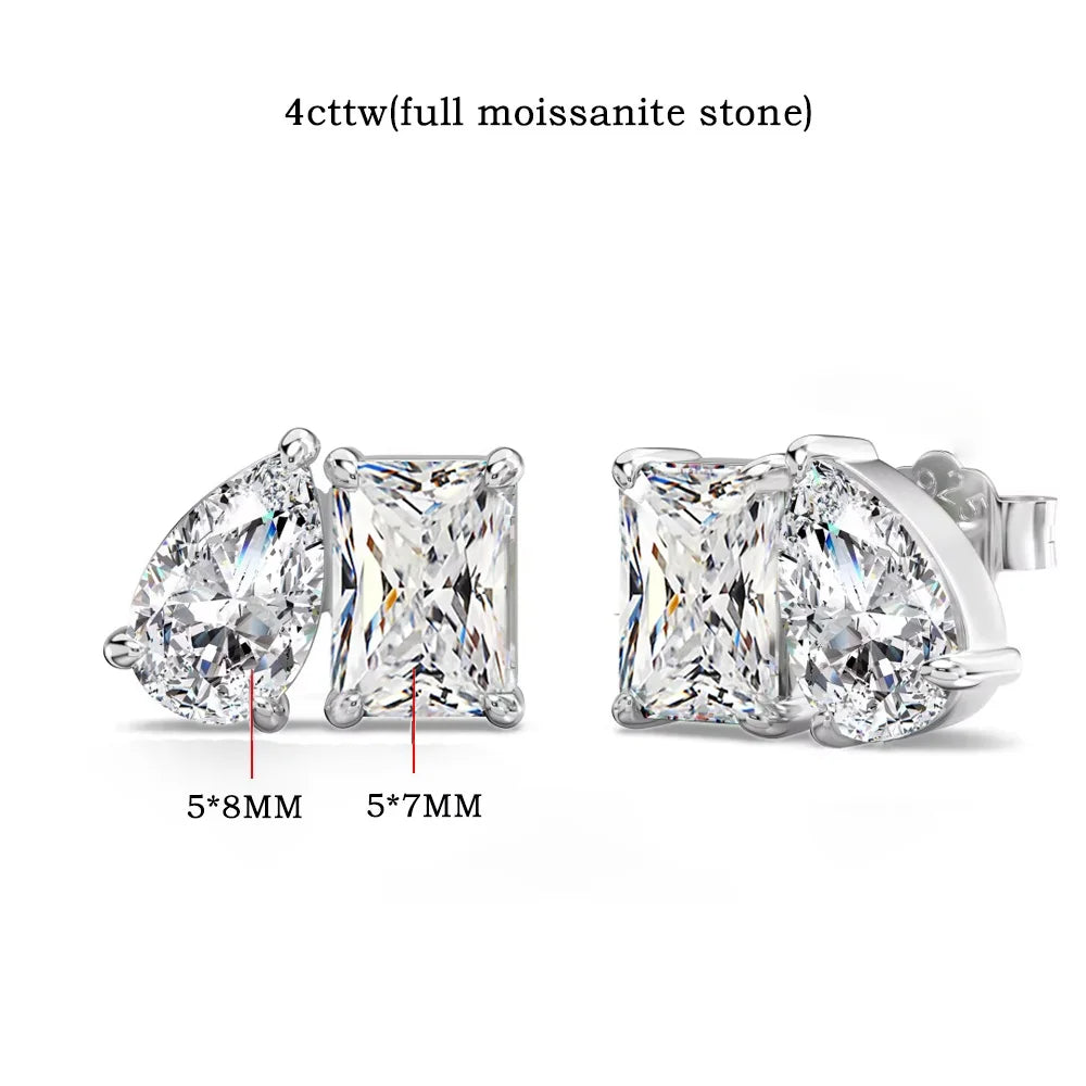 FEOBUR 4cttw Two Stone Moissanite Stud Earrings 925 Sterling Silver Pear&Emerald Cut Lab Diamond Ear Studs Women Wedding Jewelry